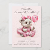 キュートなコケッティーバレリーナベアビー 1歳の誕生日 招待状 (正面)