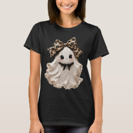 キュートなコケットゴーストのハロウィーン ヒョウ柄リボン Tシャツ
