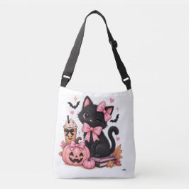 キュートなコケットブラックキャットのハロウィン ピンクのリボン付き クロスボディバッグ