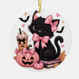 キュートなコケットブラックキャットのハロウィン ピンクのリボン付き セラミックオーナメント