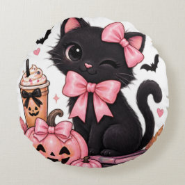 キュートなコケットブラックキャットのハロウィン ピンクのリボン付き ラウンドクッション