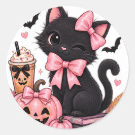 キュートなコケットブラックキャットのハロウィン ピンクのリボン付き ラウンドシール
