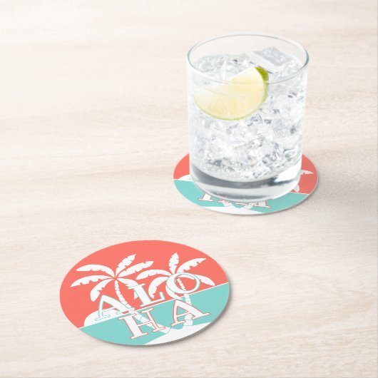 キュートなコーラルサンセットパームツリーオンビーチアートモチーフ ラウンドペーパーコースター (インサイチュ)