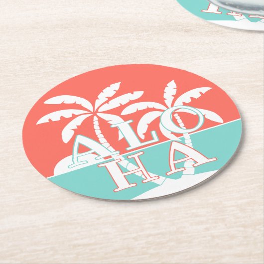 キュートなコーラルサンセットパームツリーオンビーチアートモチーフ ラウンドペーパーコースター (アングル)