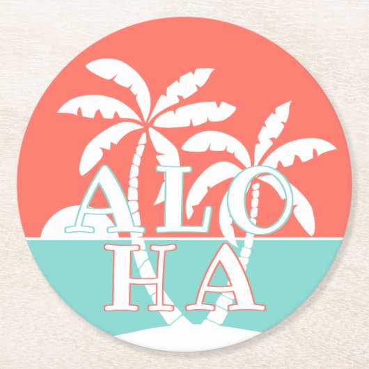 キュートなコーラルサンセットパームツリーオンビーチアートモチーフ ラウンドペーパーコースター (正面)