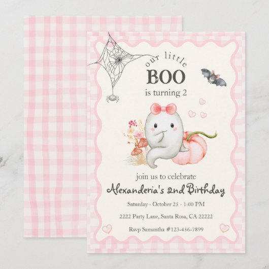キュートなゴーストパーティーの誕生日ガール ピンク 招待状 (正面/裏面)