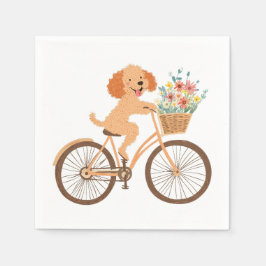 キュートなゴールデンドゥードル犬の自転車と春の花 スタンダードカクテルナプキン