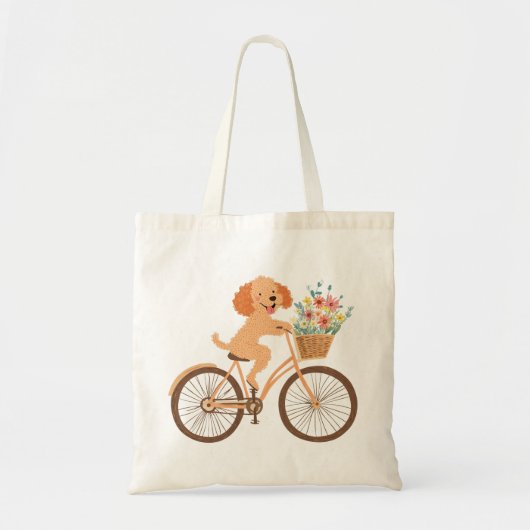 キュートなゴールデンドゥードル犬の自転車と春の花 トートバッグ (正面)