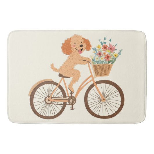 キュートなゴールデンドゥードル犬の自転車と春の花 バスマット (正面)