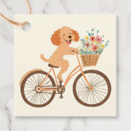キュートなゴールデンドゥードル犬の自転車と春の花 フェイバータグ