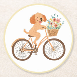 キュートなゴールデンドゥードル犬の自転車と春の花 ラウンドペーパーコースター