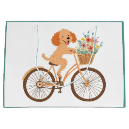 キュートなゴールデンドゥードル犬の自転車と春の花 ラージペーパーバッグ