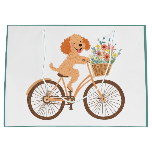 キュートなゴールデンドゥードル犬の自転車と春の花 ラージペーパーバッグ (正面)