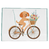 キュートなゴールデンドゥードル犬の自転車と春の花 ラージペーパーバッグ (裏面)