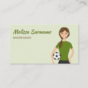 キュートなサッカーコーチの女の子イラスト グリーン 名刺
