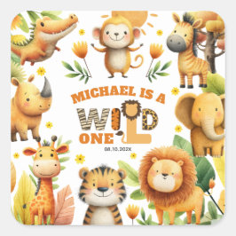 キュートなサファリ動物のフェスティブなWILD ONE 1歳の誕生日 スクエアシール
