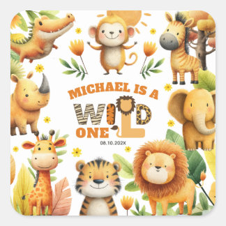 キュートなサファリ動物のフェスティブなWILD ONE 1歳の誕生日 スクエアシール