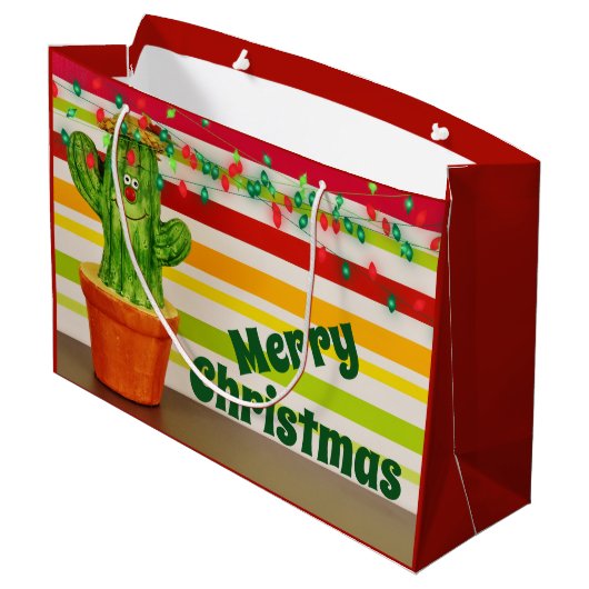 キュートなサボテンとフェスティバルストリングライトクリスマス ラージペーパーバッグ (裏面アングル)