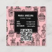 キュートなサボテンと多肉食ボホドードルQRコードピンク スクエア名刺 (裏面)