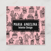 キュートなサボテンと多肉食ボホドードルQRコードピンク スクエア名刺 (正面)