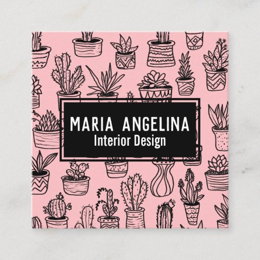 キュートなサボテンと多肉食ボホドードルQRコードピンク スクエア名刺 (正面)