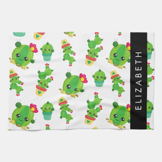 キュートなサボテン、サボテンの柄、多肉植物、あなたの名前 キッチンタオル (横)