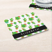 キュートなサボテン、サボテンの柄、多肉植物、あなたの名前 スクエアペーパーコースター (アングル)