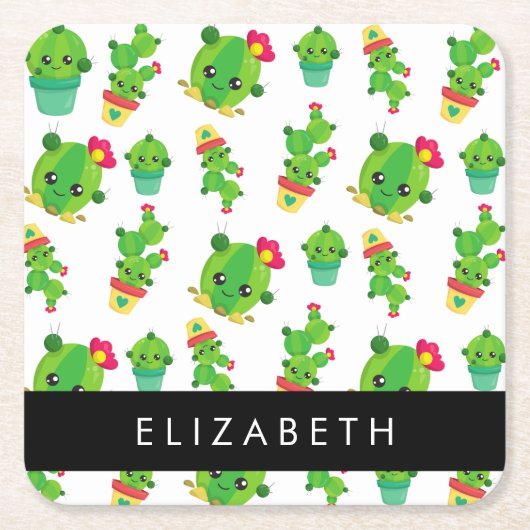 キュートなサボテン、サボテンの柄、多肉植物、あなたの名前 スクエアペーパーコースター (正面)