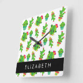 キュートなサボテン、サボテンの柄、多肉植物、あなたの名前 スクエア壁時計 (傾斜)