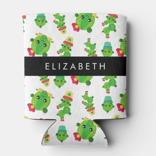 キュートなサボテン、サボテンの柄、多肉植物、あなたの名前 缶クーラー (裏面)