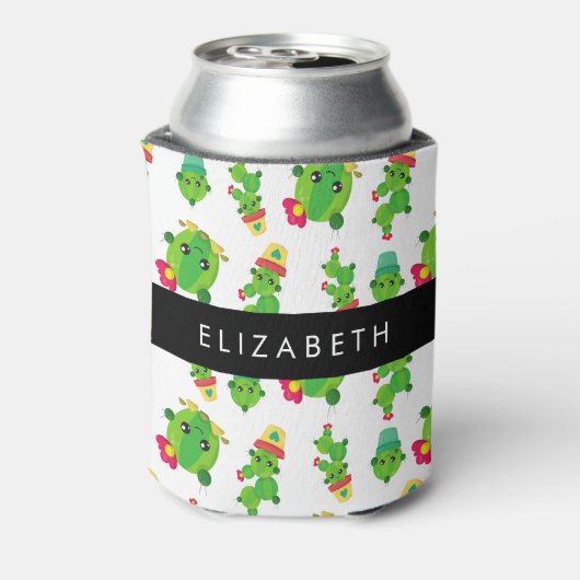 キュートなサボテン、サボテンの柄、多肉植物、あなたの名前 缶クーラー (缶裏面)