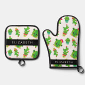 キュートなサボテン、サボテンの柄、多肉植物、あなたの名前 鍋つかみ&鍋敷きセット (正面)