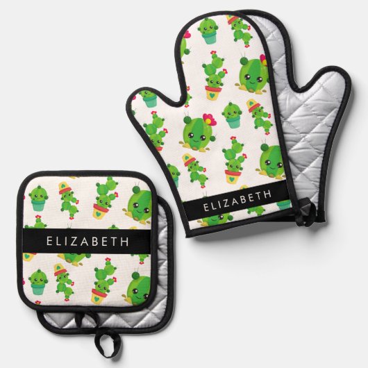 キュートなサボテン、サボテンの柄、多肉植物、あなたの名前 鍋つかみ&鍋敷きセット (正面/裏面)