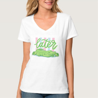 キュートなサマーグラフィック ワニのVネック女子Tシャツ Tシャツ