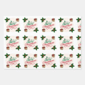 キュートなサンタとスノーフレーク柄のクリスマス包装紙 ラッピングペーパーシート (正面3)