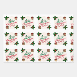キュートなサンタとスノーフレーク柄のクリスマス包装紙 ラッピングペーパーシート