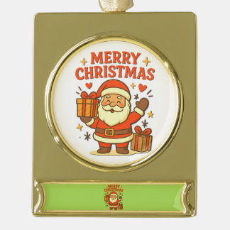 キュートなサンタクロースのクリスマスアート - メリークリスマス ゴールドプレートバナーオーナメント