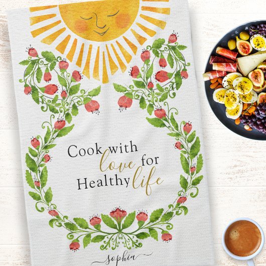 キュートなサンレッドパーソナライズされた花 キッチンタオル