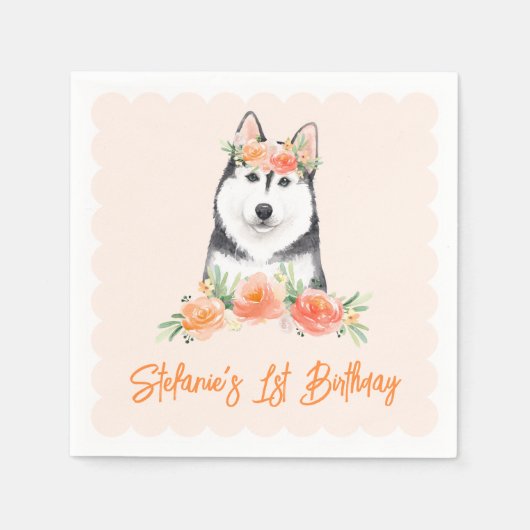 キュートなシベリアのハスキーと桃の花の誕生日 スタンダードカクテルナプキン (正面)