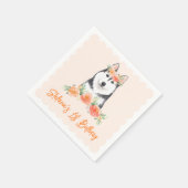 キュートなシベリアのハスキーと桃の花の誕生日 スタンダードカクテルナプキン (角)