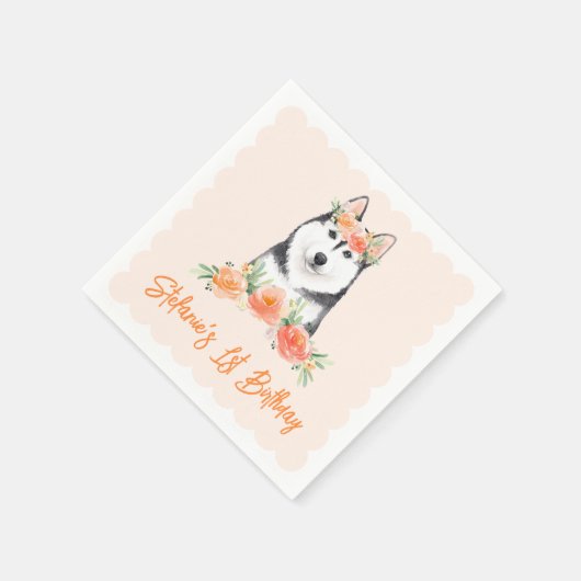 キュートなシベリアのハスキーと桃の花の誕生日 スタンダードカクテルナプキン (角)