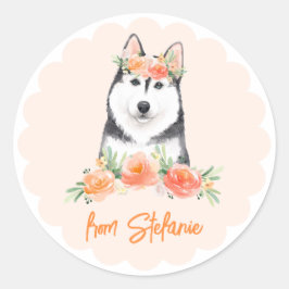 キュートなシベリアのハスキーと桃の花の誕生日 ラウンドシール