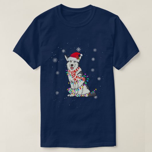 キュートなシベリアのハスキーなクリスマスドッグがクリスマスを点灯 Tシャツ (デザイン正面)