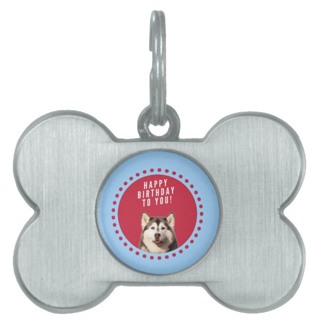 キュートなシベリアハスキーハッピーバースデーブルーレッド・ドット ペットネームタグ (正面)