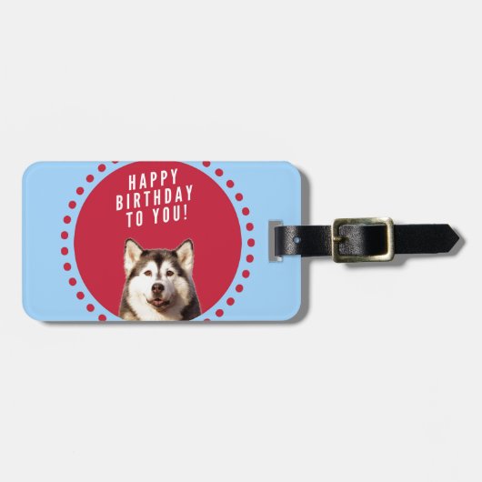 キュートなシベリアハスキーハッピーバースデーブルーレッド・ドット ラゲッジタグ (正面横)