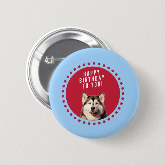 キュートなシベリアハスキーハッピーバースデーブルーレッド・ドット 缶バッジ (正面&裏面)