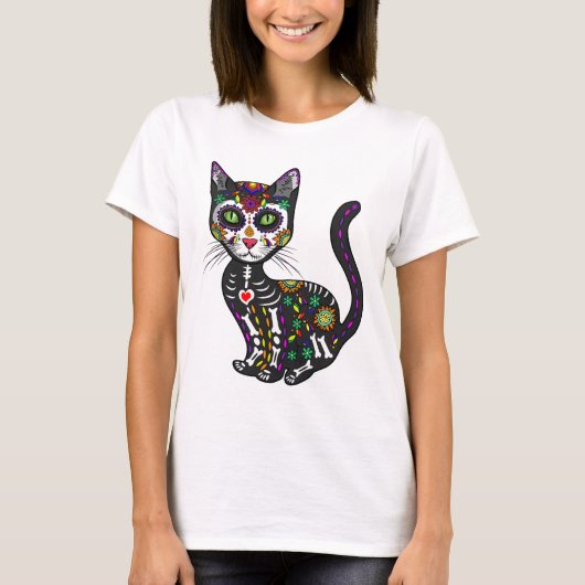 キュートなシュガー スカル メキシコ猫 ハロウィン 死者の日 Tシャツ (正面)