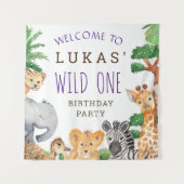 キュートなジャングルサファリ 1歳の誕生日パーティー ウェルカム タペストリー (正面)