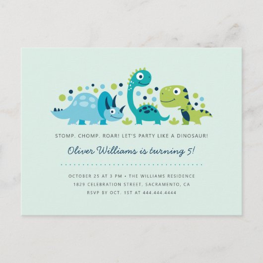 キュートなジュラシック恐竜の子供の誕生日パーティー インビテーションポストカード (正面)