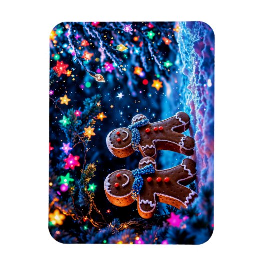 キュートなジンジャーパン冬の星空のライトアート マグネット (縦)